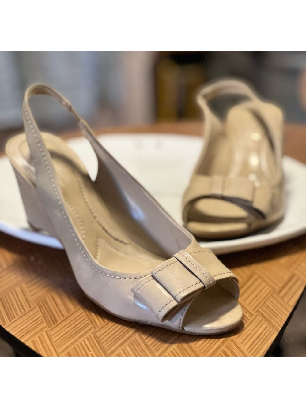 Naturalizer Beige Slingback Wedges with Bow (Suede)